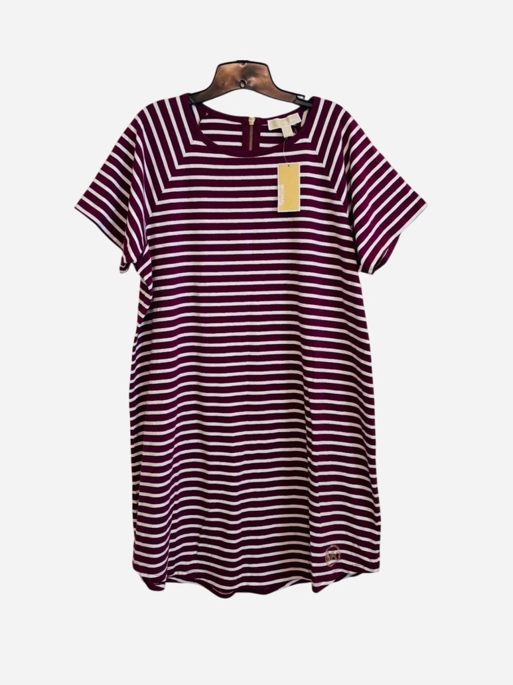 MICHAEL KORS Burgundy & White Striped Short Sleeve Stretchy Shift Dress Size 1X